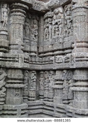 Sculptures of loving couples, mythical figures on outer walls of Konarak Temple, Orissa,India, Asia