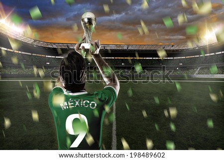 Mexican soccer player, celebrating the championship with a trophy in his hand. On a Stadium.