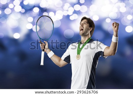 Tennis player celebrating with a gold medal, on a blue lights background.