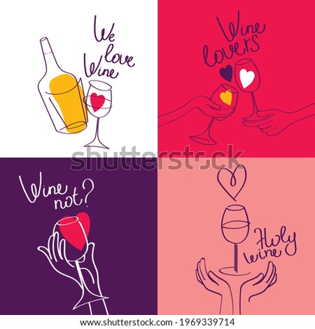 Set of four banners for wine bar and wine lovers, can be used for valentine's day, funky palette, vector illustration