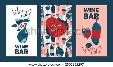 Set of cards for wine bar and shop, can be used as wine party invitation, vector illustration