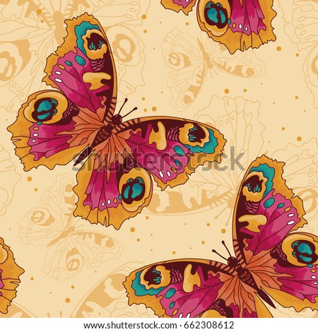 seamless pattern with  beautiful butterflies, sketch style vector illustration