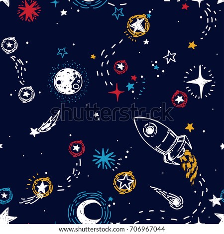 seamless pattern for journey to space with sketch stars, rocket, comets and planets, vector illustration