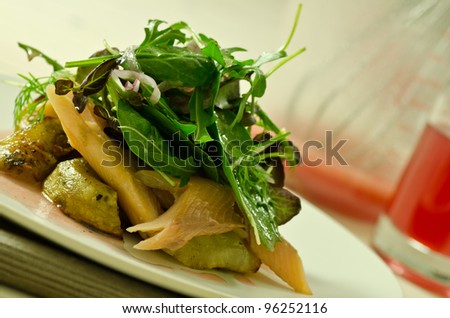 warm smoked trout salad with roasted jerusalem artichokes and rhubarb vinegar dressing