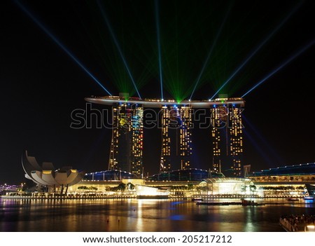 SINGAPORE - JUN 23 : Wonder Full at Marina Bay Sands in Singapore on June 23, 2014. Wonder Full is the largest light and water spectacular in Southeast Asia.
