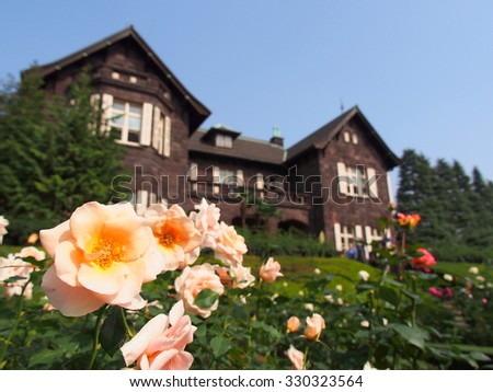 TOKYO, JAPAN - OCT 22: Roses and the western style house at Kyu Furukawa Gardens in Tokyo, Japan on October 22, 2015. Tokyo is both the capital and largest city of Japan.