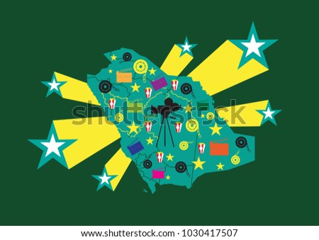 Cinema and Entertainment Symbols on a Saudi Arabia Map concept. Editable Clip Art.