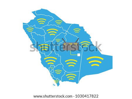 Saudi Map with Wireless signal and Router connected to a fiber optic source. Editable Clip Art.