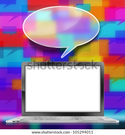 Drawing of Laptop with Speech Balloon Icon on colorful background. Technology illustration isolated in  White Background