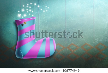 Female Christmas Stocking Hung on Wall with Spotlight. Magical Holidays Illustration.