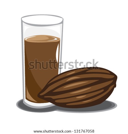 Cocoa fruit with chocolate liquid drink in glass Vector Illustration. Can be resized and recolored.