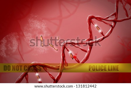 Crime Scene and Investigation concept. DNA strand with fingerprint and Police Line Do Not Cross tape.
