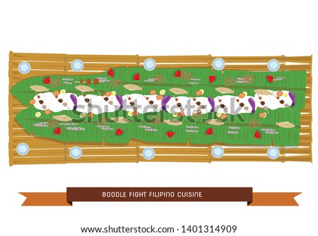 Boodle Fight traditional Filipino cuisine preparation taken from the military style of eating which symbolizes camaraderie and unity. Editable Clip Art.