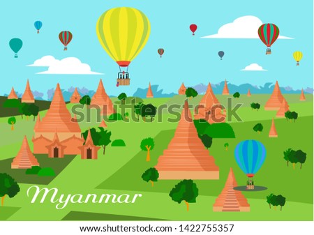 Hot air balloon tourist activity over the Bagan Archaeological Zone in Myanmar. Editable Clip art.