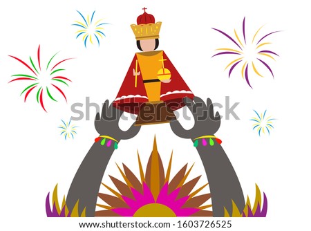A hand with tribal headdress and costume raises up a figurine of the Sto. Nino or image of baby jesus as a symbol for Sinulog, dinagyang or ati-atihan festivals in the Philippines. Editable Clip Art,