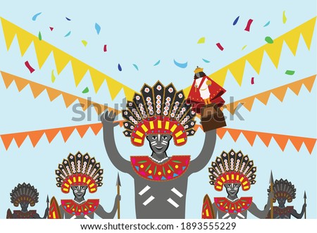 Merrymakers with tribal costume raises up a figurine of the Sto. Nino or image of baby jesus as a symbol for Sinulog, Dinagyang or Ati-atihan festivals in the Philippines. Editable Clip Art.