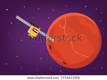Emirates probe mission reaching the orbit of Mars. Editable Clip Art.