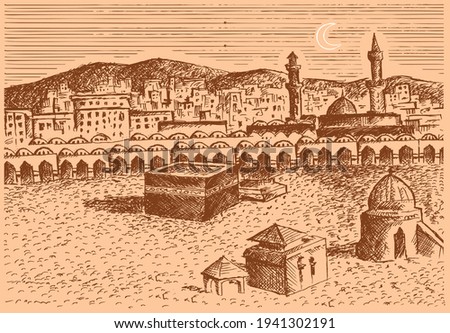 Old Makkah drawing in etching style. Editable Clip Art.
