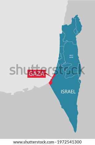 Gaza highlighted in read within Israel Map shwoing also the West Bank. Editable Clip Art.