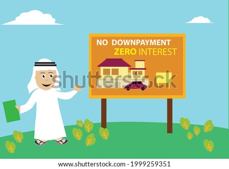 An Arab Man working as a property agent presents a house and lot or car with no downpayment or interest. Editable Clip Art.