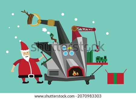 Santa Claus uses a fancy machine to make toys. Editable Clip Art.