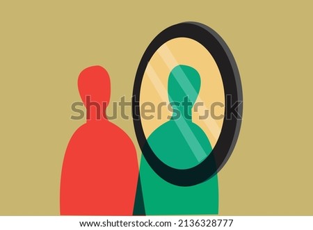 Person looking at the mirror. Abstract concept for psychological and personal traits like behavioral mindset, self esteem, confidence, identity and more. Editable Clip Art.