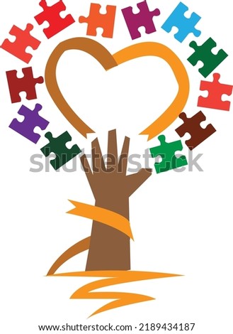 A hand reaches out for a heart surrounded with puzzle pieces. Editable Clip Art.
