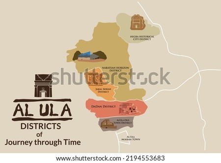 Al Ula Districts of Journey through Time Map concept with a symbolic landmark on each area. Editable Clip Art.