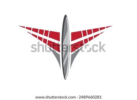 Shiny metallic logo with red wings. Editable Clip Art.