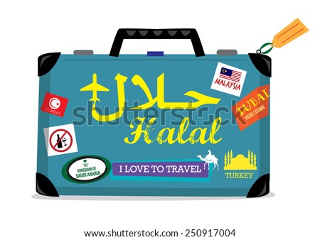 Halal Tourism concept. Baggage with stickers of countries offering Halal Tours for Muslims who abide Sharia rules