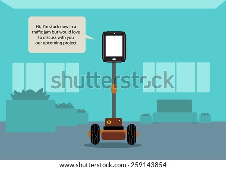 Telepresence Robotic technology at the office for people with blank screen for the user to put photo of a face. Editable Vector Illustration 