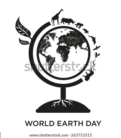 World Earth Day Celebration on April 22 Poster design template. Silhouette version of  a Globe made of a tree and with walking animals around the world illustration.
