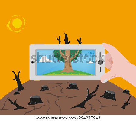 A Hand holding a phone camera with a photo of nature before its destruction. Editable Clip Art.