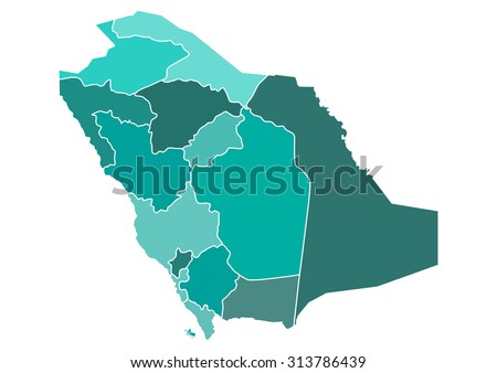 Saudi Arabia Political Map with Different Provinces borders in different shades of teal green. Editable clip art.
