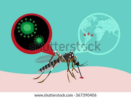 Zika Virus Outbreak and Travel Alert concept. Transmitted by A. aegypti mosquito and it is linked to cause microcephaly on infected pregnant women. Editable Clip Art.