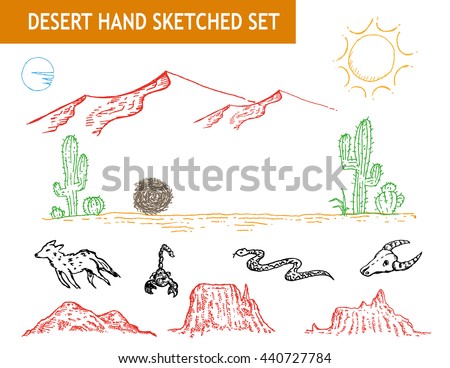 Western desert doodle set. Editable Clip art. 
