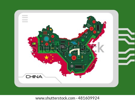 China Map with electronic theme to symbolize its massive factory tech workers, assembly lines for gadgets and future of technology. Editable Clip Art.