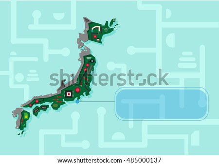 Japan Map with microchips and parts for Industry like Gaming or Commercial Electronics goods. Editable Clip Art.