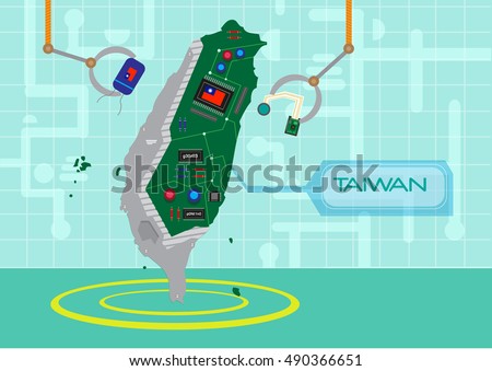 Taiwan map as a circuit board in assembly line and robotic arms are adding parts. Editable Clip Art.