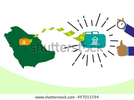 Money transferring from Saudi Arabia to recipient abroad or employee salary is sent successfully via bank wires concept. Editable Clip Art.