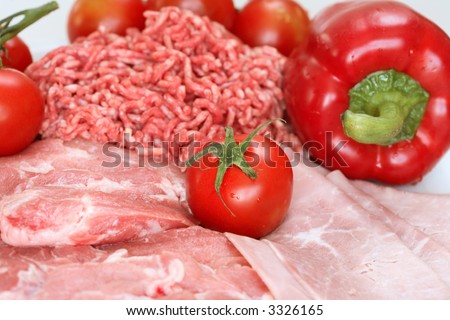 Red food - Different  meat with red paprika and tomatoes