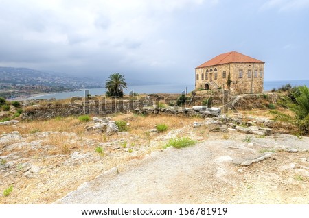 The remains of a traditional Lebanese house at the ancient and historical site of the Crusaders\' castle in Byblos, Lebanon. It appears in old stamps since it is a landmark of the area.