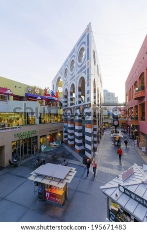 SAN DIEGO,USA - FEBRUARY 24 2014: The Westfield Horton Plaza outdoor shopping mall in Gaslamp Quarter, San Diego, southern California, United States of America. A view of the inner court of the mall.