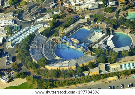Aerial view of SeaWorld, a marine life theme park in San Diego Bay in Southern California, United States of America. A view of the killer whale shamu stadium and the show pools around.