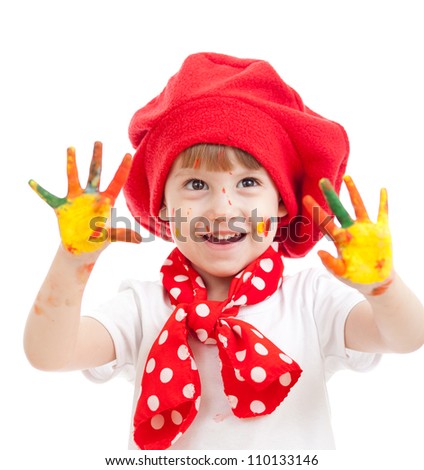 cheerful girl child with painted hands, isolated over white