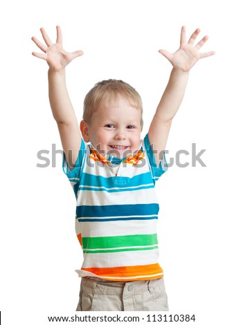 child boy with hands up isolated on white background