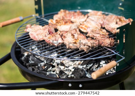 barbecue pork meat cooking outdoors on a portable grill