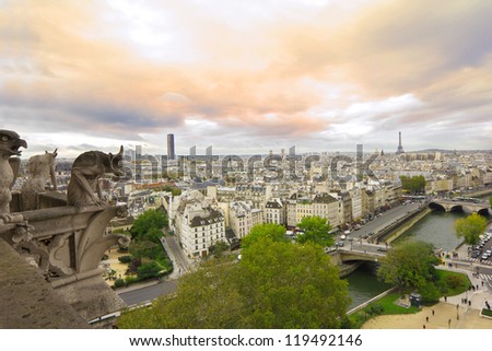 panoramic view from balcony of Notre Dame de Paris with famous gargoyles at sunset