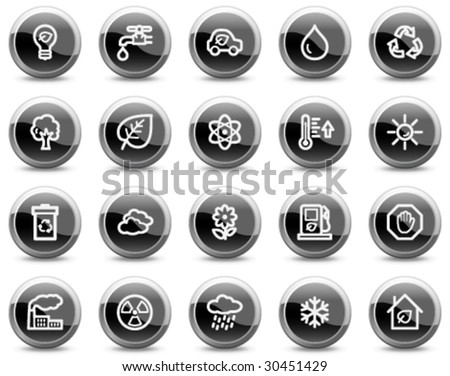 Ecology web icons, black glossy circle buttons series