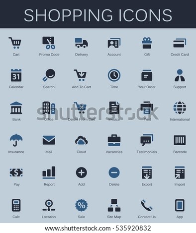 Shopping services and finance tools icons. Modern vector pictograms